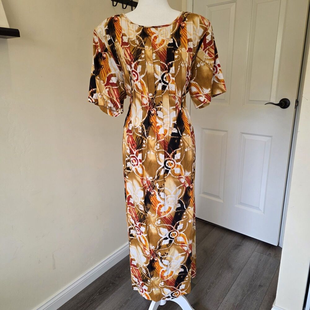 Anna Maxwell Womens Dress Size 18W Linen Blend Pintuck pleats Maxi Tribal Earthy